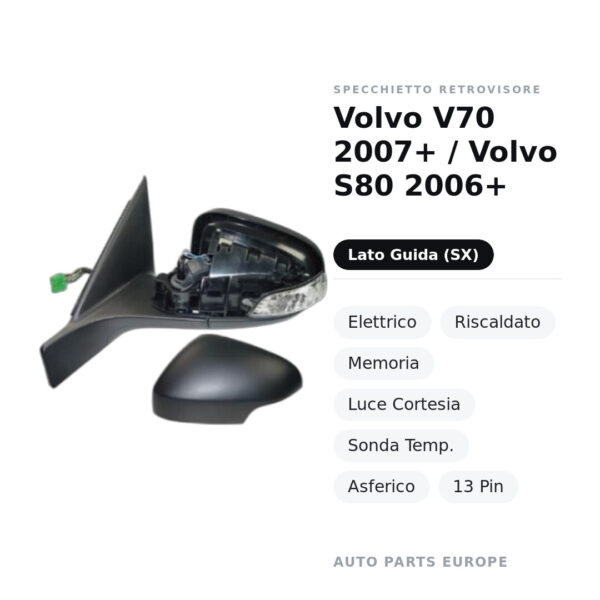 Specchietto Retrovisore Sinistro Volvo V70 2007+ / Volvo S80 2006+ – Elettrico, Riscaldato, Memoria, Luce Cortesia, Sonda