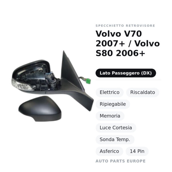 Specchietto Retrovisore Destro Volvo V70 2007+ / Volvo S80 2006+ – Elettrico, Riscaldato, Ripiegabile, Memoria, Luce