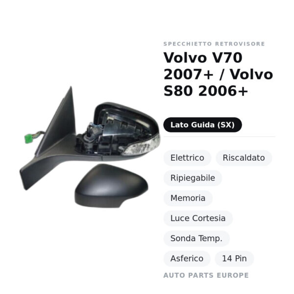 Außenspiegel Links Volvo V70 2007+ / Volvo S80 2006+ – Elektrisch, Beheizt, Klappbar, Memory, Ambientelicht