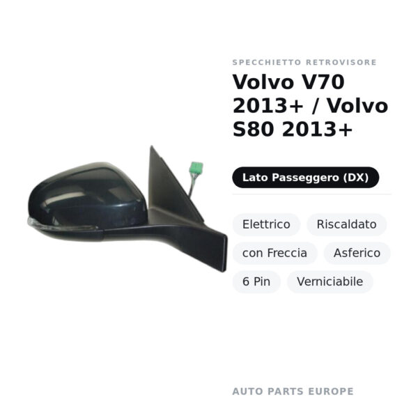 Specchietto Retrovisore Destro Volvo V70 2013+ / Volvo S80 2013+ – Elettrico, Riscaldato, con Freccia, Asferico, 6 Pin