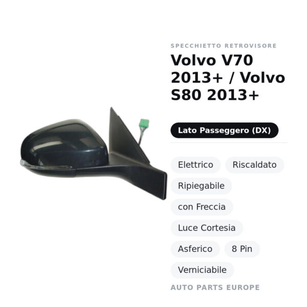 Specchietto Retrovisore Destro Volvo V70 2013+ / Volvo S80 2013+ – Elettrico, Riscaldato, Ripiegabile, con Freccia, Luce