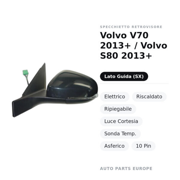 Specchietto Retrovisore Sinistro Volvo V70 2013+ / Volvo S80 2013+ – Elettrico, Riscaldato, Ripiegabile, Luce Cortesia