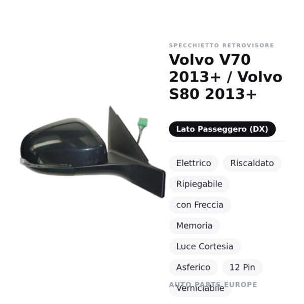 Specchietto Retrovisore Destro Volvo V70 2013+ / Volvo S80 2013+ – Elettrico, Riscaldato, Ripiegabile, con Freccia, Memoria