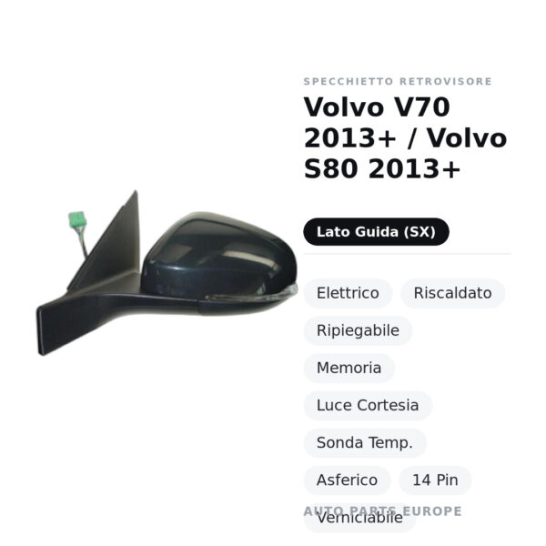 Specchietto Retrovisore Sinistro Volvo V70 2013+ / Volvo S80 2013+ – Elettrico, Riscaldato, Ripiegabile, Memoria, Luce