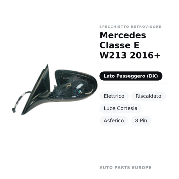 Specchietto Retrovisore Destro Mercedes Classe E W213 2016+ – Elettrico, Riscaldato, Luce Cortesia, Asferico, 8 Pin – foto 2