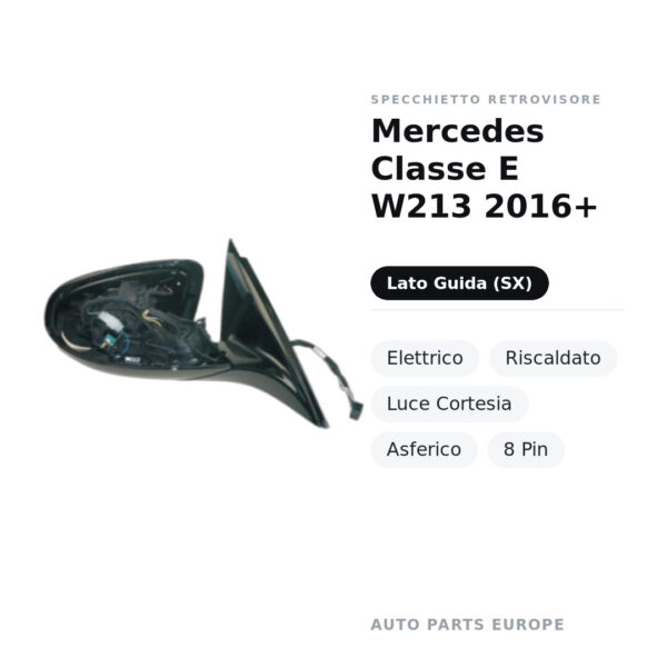 Specchietto Retrovisore Sinistro Mercedes Classe E W213 2016+ – Elettrico, Riscaldato, Luce Cortesia, Asferico, 8 Pin – foto