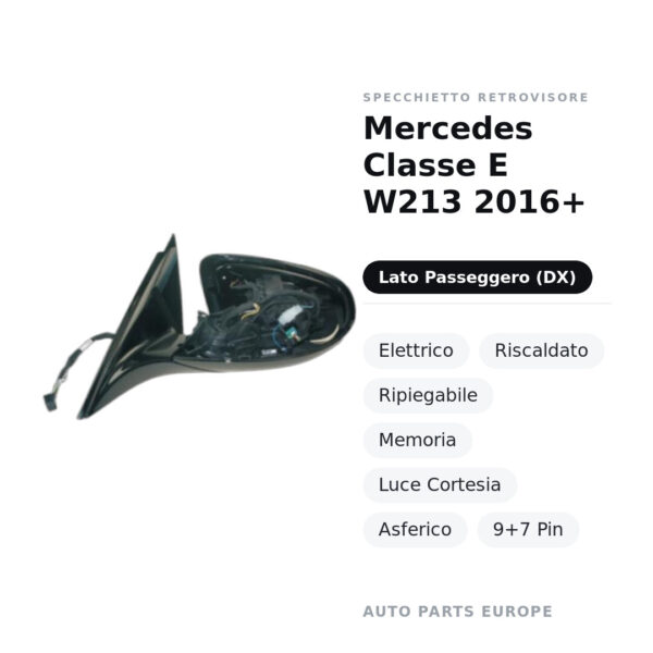 Außenspiegel Rechts Mercedes Klasse E W213 2016+ – Elektrisch, Beheizt, Klappbar, Memory, Umfeldleuchte, Asphärisch, 9+7 Pin