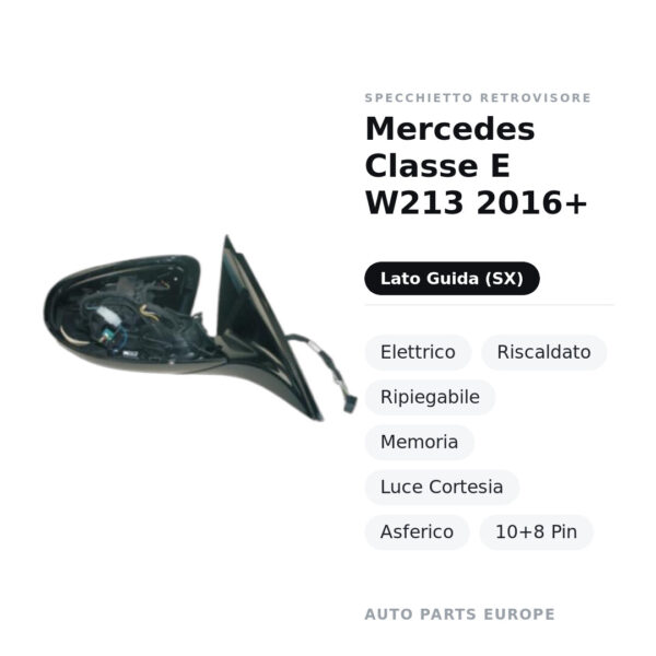 Außenspiegel Links Mercedes Klasse E W213 2016+ – Elektrisch, Beheizt, Klappbar, Speicher, Courtesy-Licht, Asphärisch, 10+8