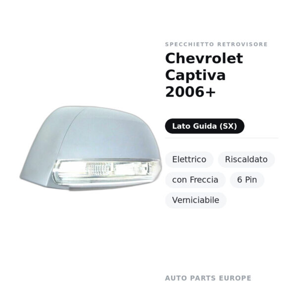 Specchietto Retrovisore Sinistro Chevrolet Captiva 2006+ – Elettrico, Riscaldato, con Freccia, 6 Pin, Verniciabile – foto 2
