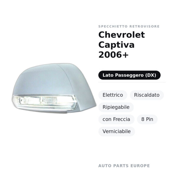 Specchietto Retrovisore Destro Chevrolet Captiva 2006+ – Elettrico, Riscaldato, Ripiegabile, con Freccia, 8 Pin