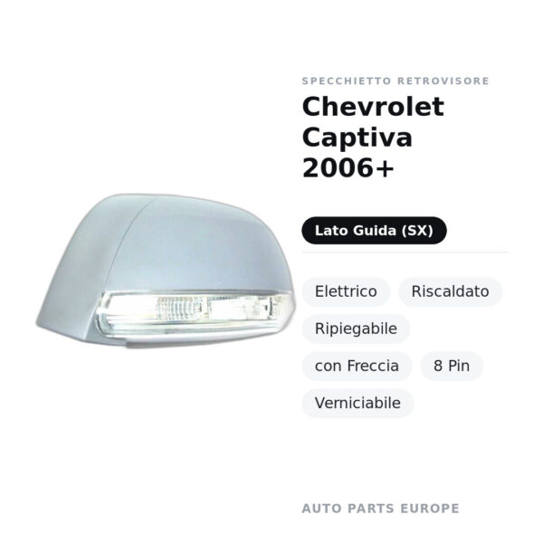 Specchietto Retrovisore Sinistro Chevrolet Captiva 2006+ – Elettrico, Riscaldato, Ripiegabile, con Freccia, 8 Pin