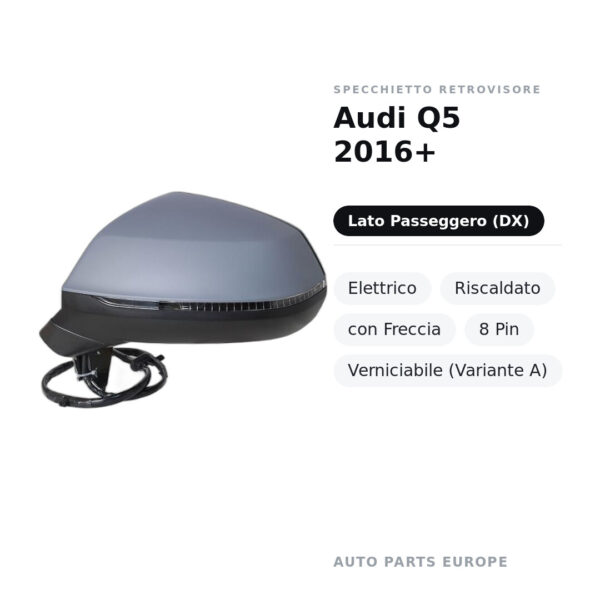 Specchietto Retrovisore Destro Audi Q5 2016+ – Elettrico, Riscaldato, con Freccia, 8 Pin, Verniciabile (Variante A) – foto 2