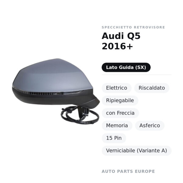 Specchietto Retrovisore Sinistro Audi Q5 2016+ – Elettrico, Riscaldato, Ripiegabile, con Freccia, Memoria, Asferico, 15 Pin