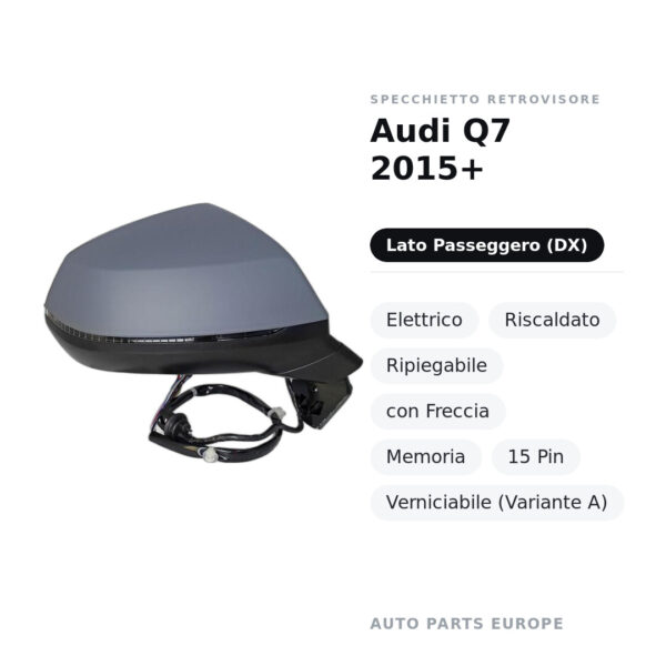 Specchietto Retrovisore Destro Audi Q7 2015+ – Elettrico, Riscaldato, Ripiegabile, con Freccia, Memoria, 15 Pin