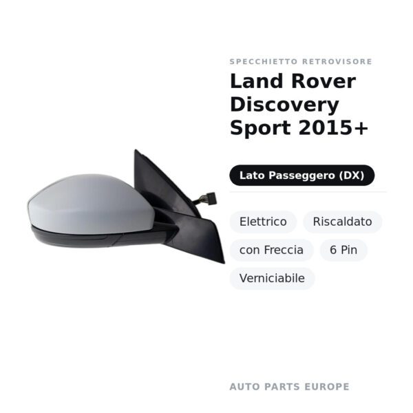 Specchietto Retrovisore Destro Land Rover Discovery Sport 2015+ – Elettrico, Riscaldato, con Freccia, 6 Pin, Verniciabile