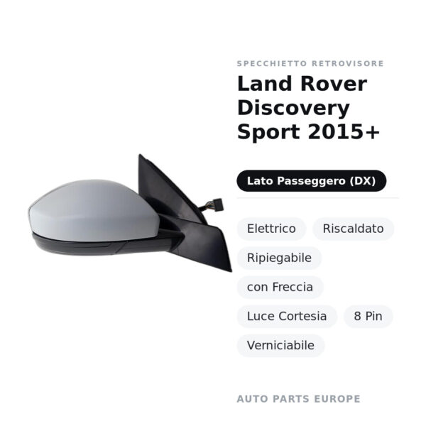 Außenspiegel Rechts Land Rover Discovery Sport 2015+ – Elektrisch, Beheizt, Klappbar, mit Blinker, Umgebungslicht, 8-polig