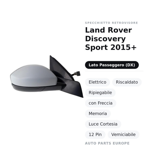 Specchietto Retrovisore Destro Land Rover Discovery Sport 2015+ – Elettrico, Riscaldato, Ripiegabile, con Freccia, Memoria