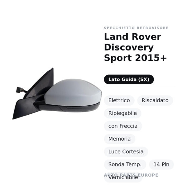 Specchietto Retrovisore Sinistro Land Rover Discovery Sport 2015+ – Elettrico, Riscaldato, Ripiegabile, con Freccia