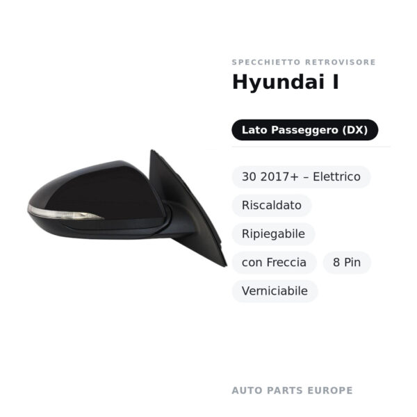 Specchietto Retrovisore Destro Hyundai I-30 2017+ – Elettrico, Riscaldato, Ripiegabile, con Freccia, 8 Pin, Verniciabile