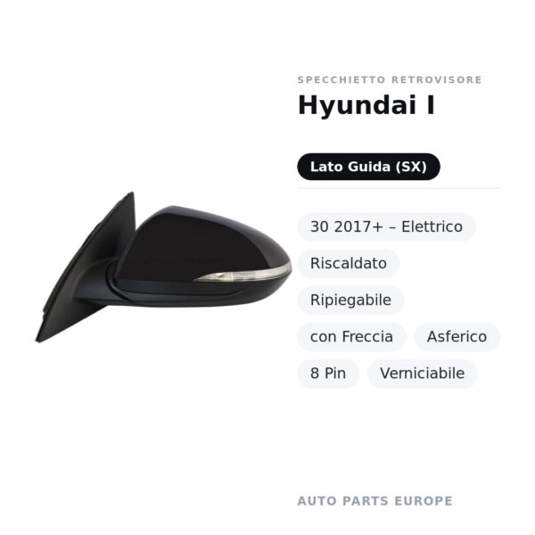 Specchietto Retrovisore Sinistro Hyundai I-30 2017+ – Elettrico, Riscaldato, Ripiegabile, con Freccia, Asferico, 8 Pin
