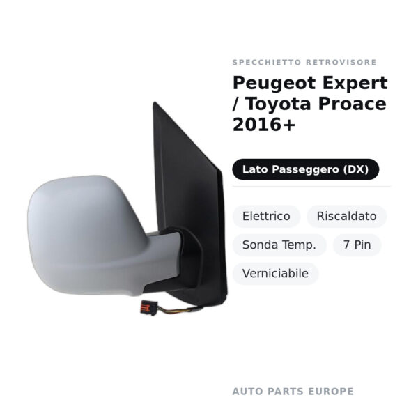 Specchietto Retrovisore Destro Peugeot Expert / Toyota Proace 2016+ – Elettrico, Riscaldato, Sonda Temp., 7 Pin