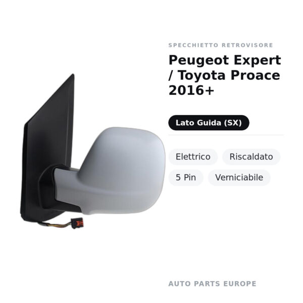 Außenspiegel Links Peugeot Expert / Toyota Proace 2016+ – Elektrisch, Beheizt, 5-polig, Lackierbar – Bild 2