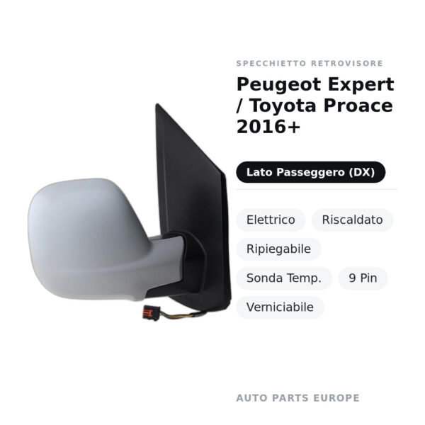Außenspiegel Rechts Peugeot Expert / Toyota Proace 2016+ – Elektrisch, Beheizt, Klappbar, Temperatursensor, 9 Polig