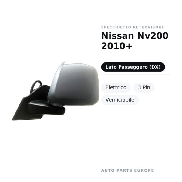 Specchietto Retrovisore Destro Nissan Nv200 2010+ – Elettrico, 3 Pin, Verniciabile – foto 2