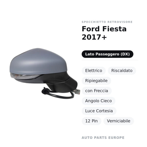 Außenspiegel Rechts Ford Fiesta 2017+ – Elektrisch, Beheizt, Klappbar, mit Blinker, Totwinkelwarner, Innenleuchte, 12-polig