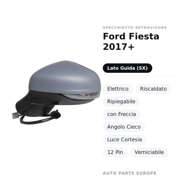 Specchietto Retrovisore Sinistro Ford Fiesta 2017+ – Elettrico, Riscaldato, Ripiegabile, con Freccia, Angolo Cieco, Luce