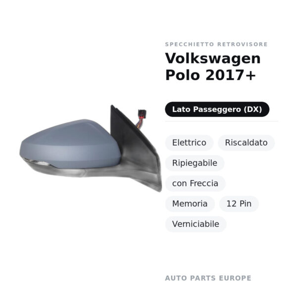 Specchietto Retrovisore Destro Volkswagen Polo 2017+ – Elettrico, Riscaldato, Ripiegabile, con Freccia, Memoria, 12 Pin