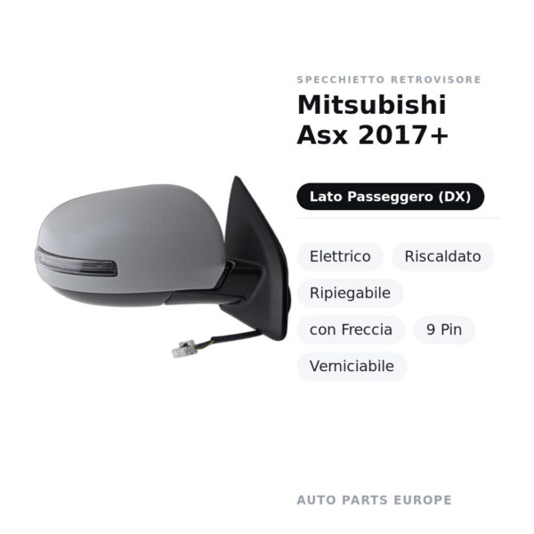 Specchietto Retrovisore Destro Mitsubishi Asx 2017+ – Elettrico, Riscaldato, Ripiegabile, con Freccia, 9 Pin, Verniciabile