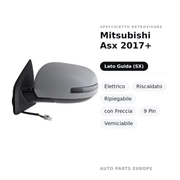 Specchietto Retrovisore Sinistro Mitsubishi Asx 2017+ – Elettrico, Riscaldato, Ripiegabile, con Freccia, 9 Pin, Verniciabile
