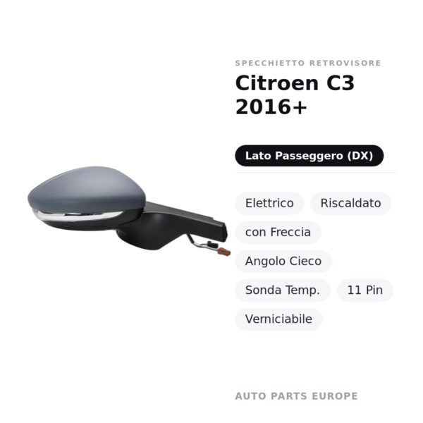 Specchietto Retrovisore Destro Citroen C3 2016+ – Elettrico, Riscaldato, con Freccia, Angolo Cieco, Sonda Temp., 11 Pin