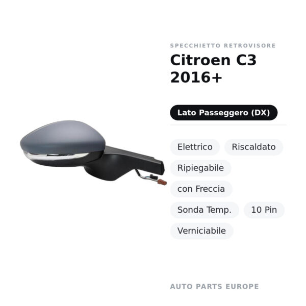 Specchietto Retrovisore Destro Citroen C3 2016+ – Elettrico, Riscaldato, Ripiegabile, con Freccia, Sonda Temp., 10 Pin