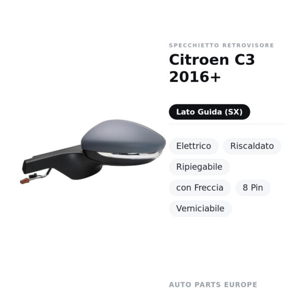 Specchietto Retrovisore Sinistro Citroen C3 2016+ – Elettrico, Riscaldato, Ripiegabile, con Freccia, 8 Pin, Verniciabile