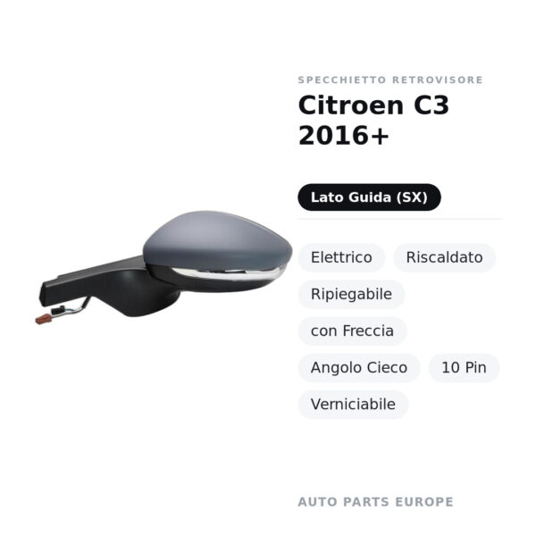 Außenspiegel Links Citroen C3 2016+ – Elektrisch, Beheizt, Klappbar, mit Blinkleuchte, Totwinkelwarner, 10-polig, Lackierbar