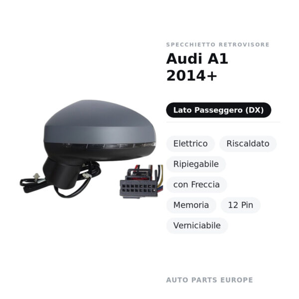 Specchietto Retrovisore Destro Audi A1 2014+ – Elettrico, Riscaldato, Ripiegabile, con Freccia, Memoria, 12 Pin