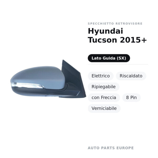 Specchietto Retrovisore Sinistro Hyundai Tucson 2015+ – Elettrico, Riscaldato, Ripiegabile, con Freccia, 8 Pin, Verniciabile