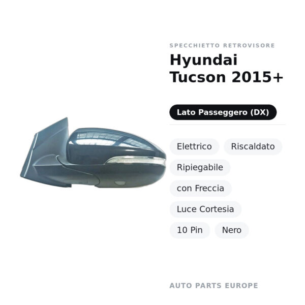 Specchietto Retrovisore Destro Hyundai Tucson 2015+ – Elettrico, Riscaldato, Ripiegabile, con Freccia, Luce Cortesia, 10