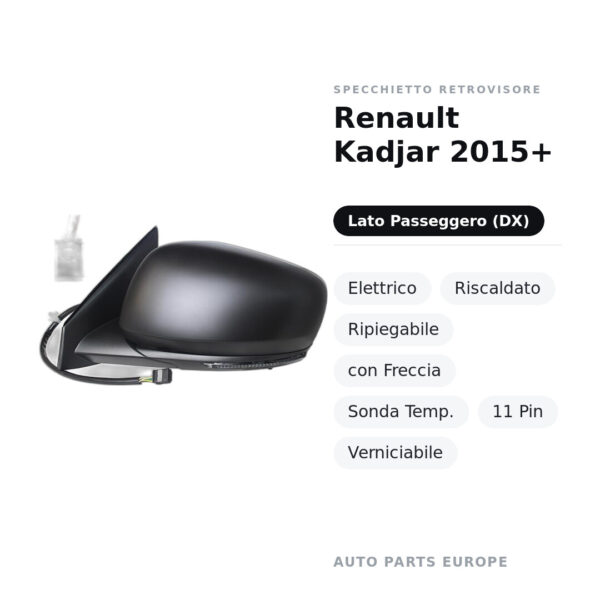 Specchietto Retrovisore Destro Renault Kadjar 2015+ – Elettrico, Riscaldato, Ripiegabile, con Freccia, Sonda Temp., 11 Pin