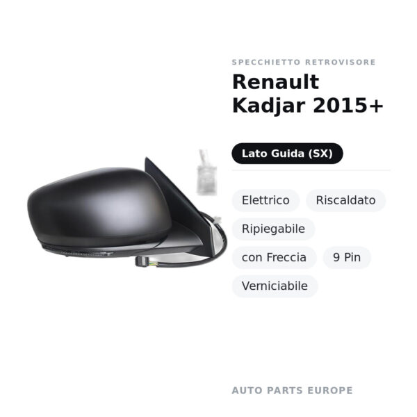 Specchietto Retrovisore Sinistro Renault Kadjar 2015+ – Elettrico, Riscaldato, Ripiegabile, con Freccia, 9 Pin, Verniciabile