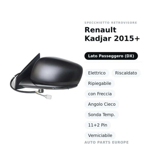 Specchietto Retrovisore Destro Renault Kadjar 2015+ – Elettrico, Riscaldato, Ripiegabile, con Freccia, Angolo Cieco, Sonda