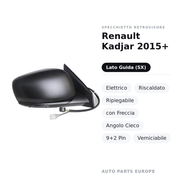 Außenspiegel Links Renault Kadjar 2015+ – Elektrisch, Beheizt, Klappbar, mit Blinker, Totwinkel, 9+2 Pin, Lackierbar – Bild 2