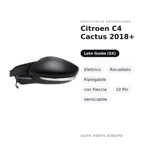 Specchietto Retrovisore Sinistro Citroen C4 Cactus 2018+ – Elettrico, Riscaldato, Ripiegabile, con Freccia, 10 Pin