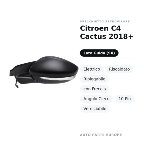Außenspiegel Links Citroen C4 Cactus 2018+ – Elektrisch, Beheizt, Klappbar, mit Blinker, Toter-Winkel-Sensor, 10-polig
