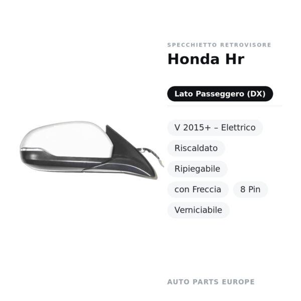 Specchietto Retrovisore Destro Honda Hr-V 2015+ – Elettrico, Riscaldato, Ripiegabile, con Freccia, 8 Pin, Verniciabile