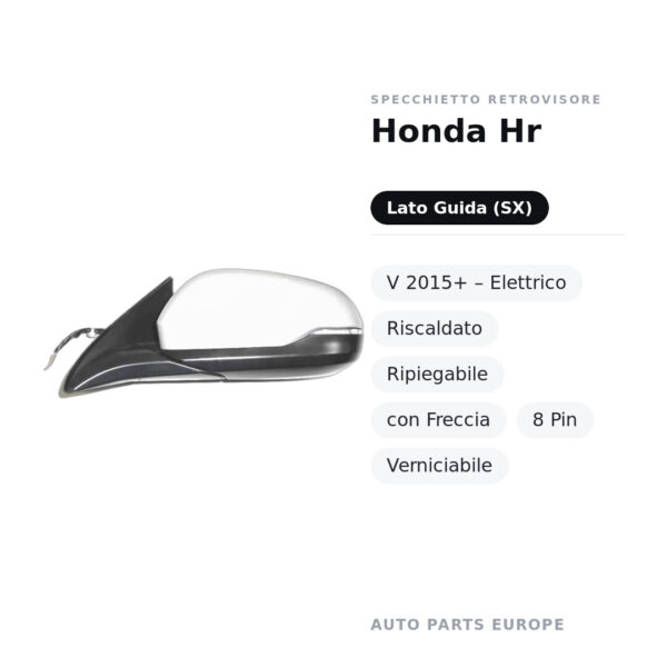 Specchietto Retrovisore Sinistro Honda Hr-V 2015+ – Elettrico, Riscaldato, Ripiegabile, con Freccia, 8 Pin, Verniciabile