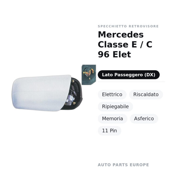 Specchietto Retrovisore Destro Mercedes Classe E / C 96 Elet – Elettrico, Riscaldato, Ripiegabile, Memoria, Asferico, 11 Pin