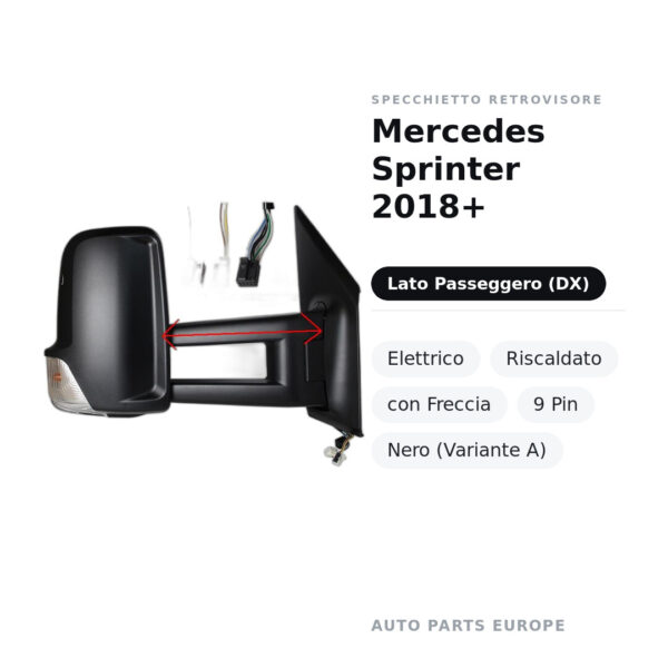 Specchietto Retrovisore Destro Mercedes Sprinter 2018+ – Elettrico, Riscaldato, con Freccia, 9 Pin, Nero (Variante A) – foto